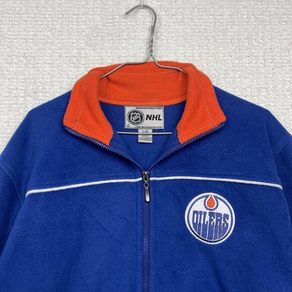 VTG NHL Edmonton Oilers Hockey Mens Sz L Polar Fleece Jacket Blue / Orange Read - Picture 2 of 16